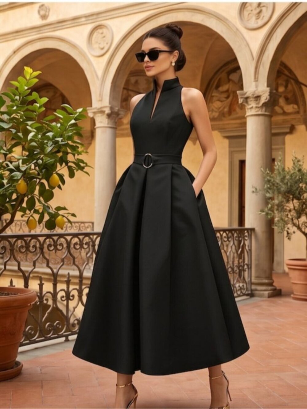 Classic Black Sleeveless Mock Neck Pleated Midi Dress with Belt & Pockets